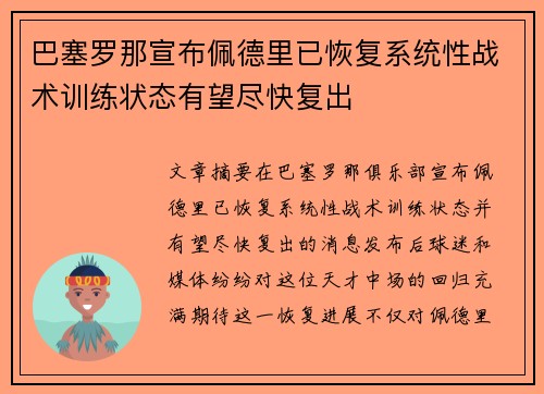 巴塞罗那宣布佩德里已恢复系统性战术训练状态有望尽快复出 巴塞罗那宣布佩德里已恢复系统性战术训练状态有望尽快复出